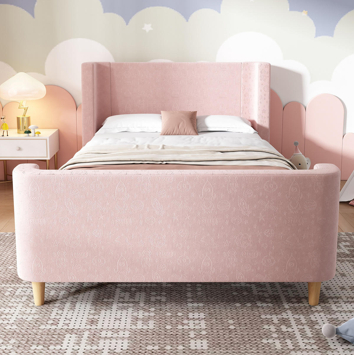 KINDEREINZELBETTEN aus Samt 90x200 cm in Rosa mit Weltraummuster - Rosa, Textil (90/200cm) - Modfu
