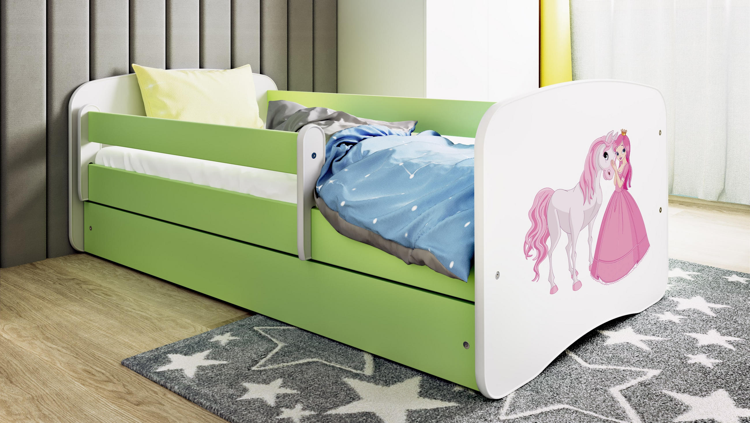 KINDERBETT Prinzessin Pferd mit Schublade 180/80 90/61/184 - Grün, Holzwerkstoff (90/180cm) - RAUMHIRSCH FURNITURE