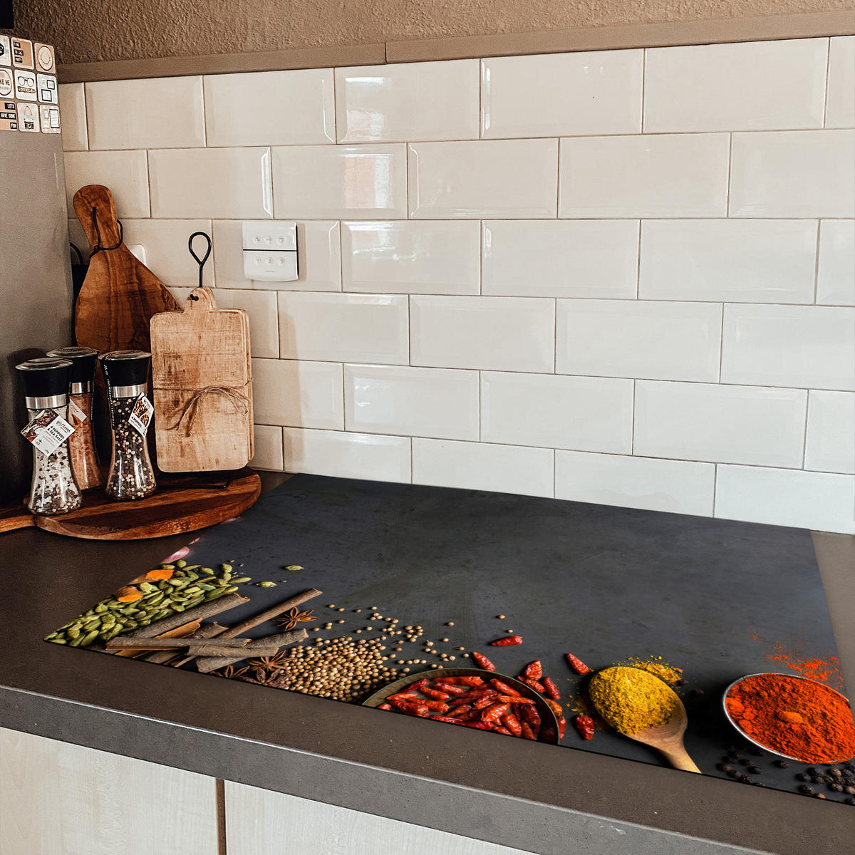 HERABDECKPLATTE - Kräuter - Lebensmittel - Gewürze - Schwarz - Paprika - Zimt - 75x50 - Currygelb, Kunststoff (75/50/0.2cm) - MuchoWow