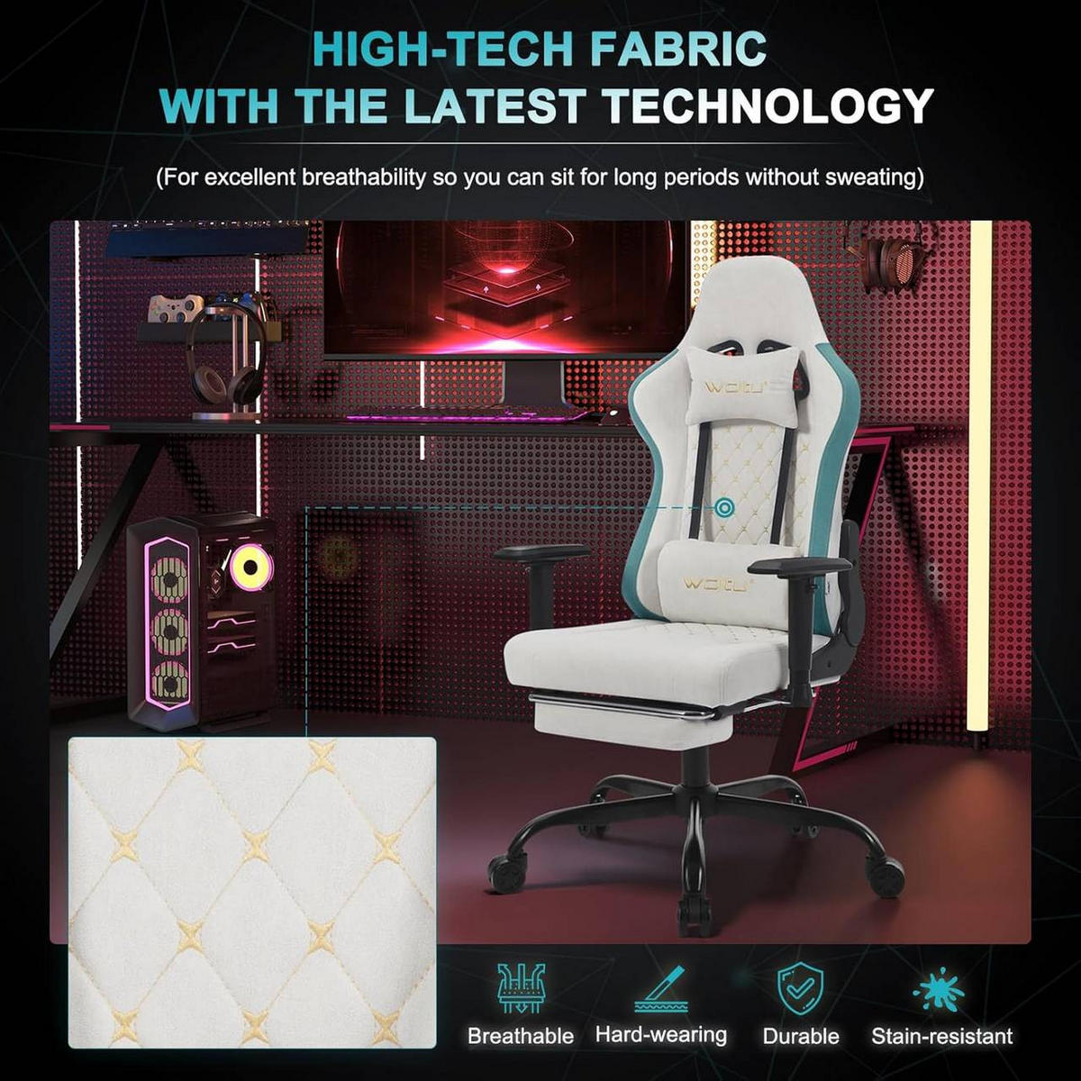 GAMINGSTUHL mit Massagefunktion, Tech-Stoff, Blau+Weiß - Blau/Schwarz, Kunststoff/Textil (70/121.5/57.5cm) - Woltu