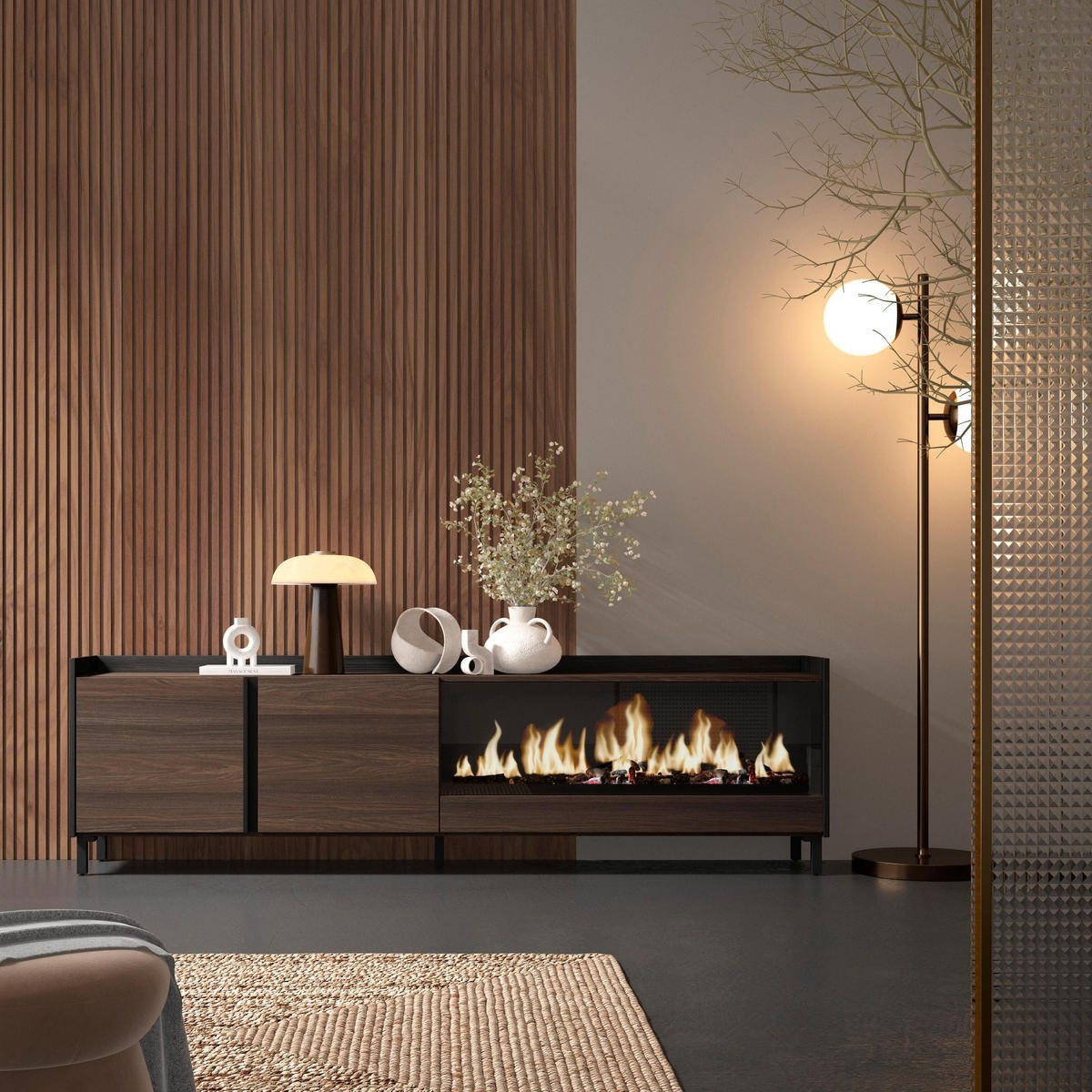 LOWBOARD, Eiche und Schwarz, 212/35/61cm, Kamin mit Feuereffekt XXL - Dunkelbraun, Holzwerkstoff (212/61/35cm) - Skraut Home