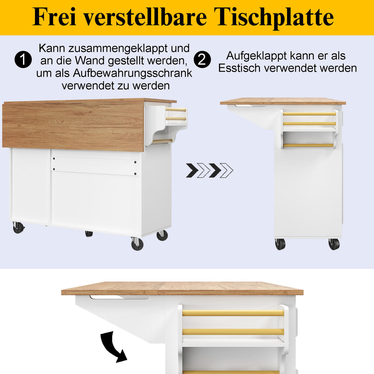 KÜCHENINSEL 110x75x92cm Weiß mit Klapptisch & Schubladen - Weiß, Holzwerkstoff (110/92/75cm) - Modfu