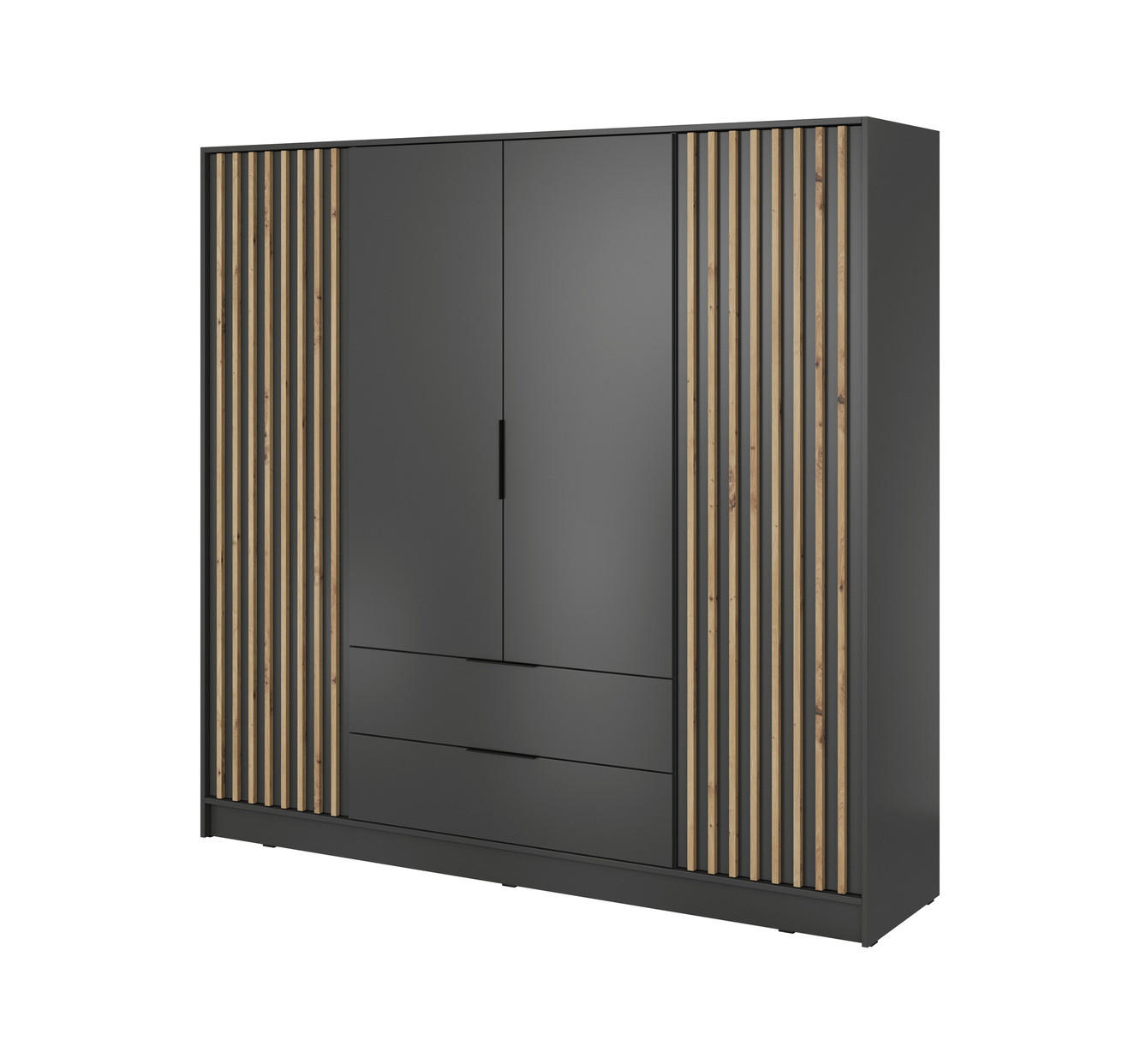 KLEIDERSCHRANK 200 cm Fioro - 4 Türen, Lamellen, Schubladen, Graphit - Graphitfarben, Holz (205/200/51cm) - Emporius