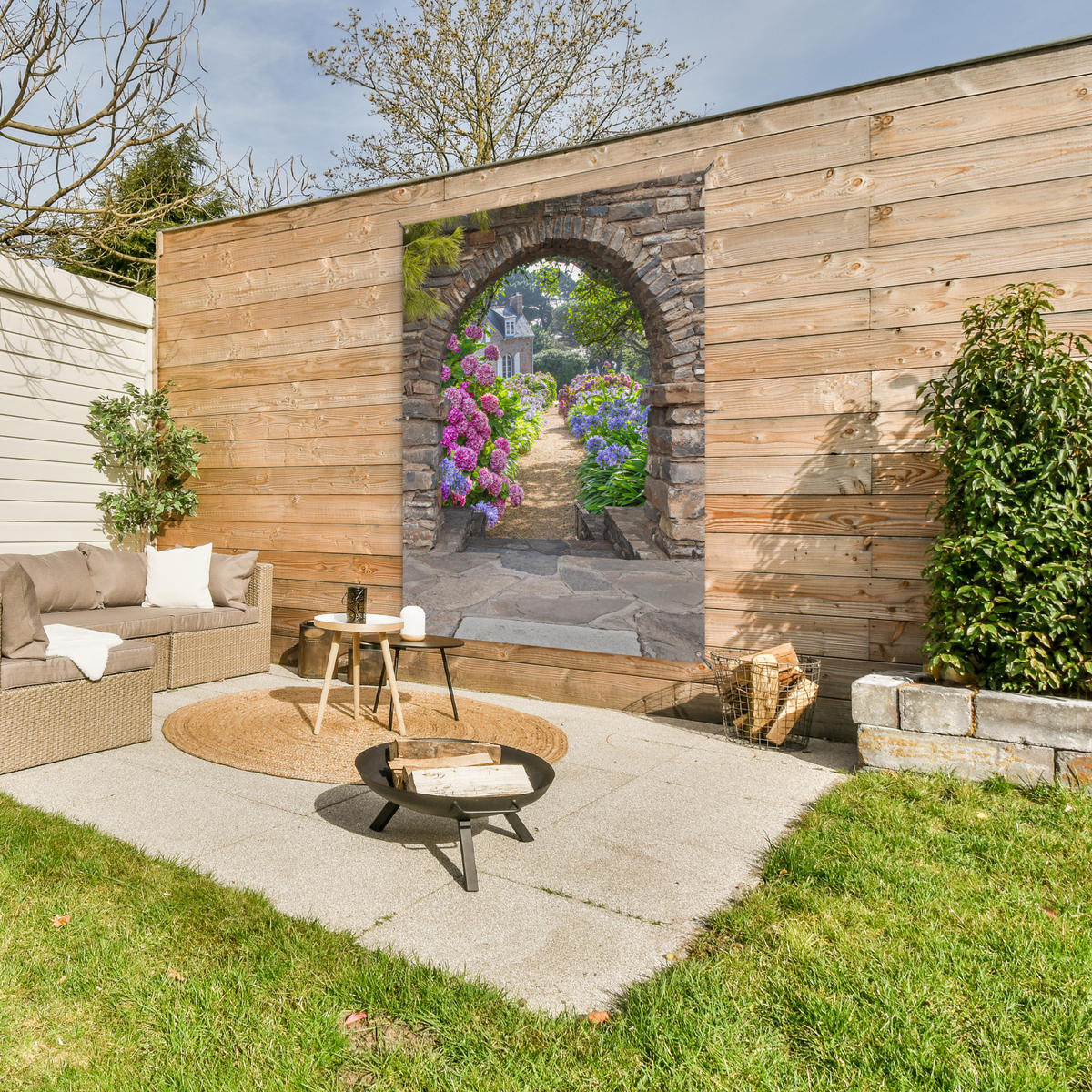 ZAHRADNÍ PLAKÁT Květiny - pohled - hortenzie - léto 120x160 cm - hnědá, plast (120/160/0.2cm) - OnlyWow