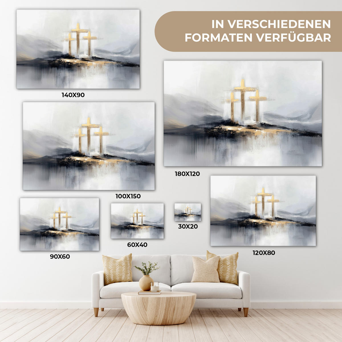 LEINWANDBILD Abstrakt - Malerei - Christentum - Kreuz Groß 140x90 cm - Weiß, Textil (140/90cm) - MuchoWow
