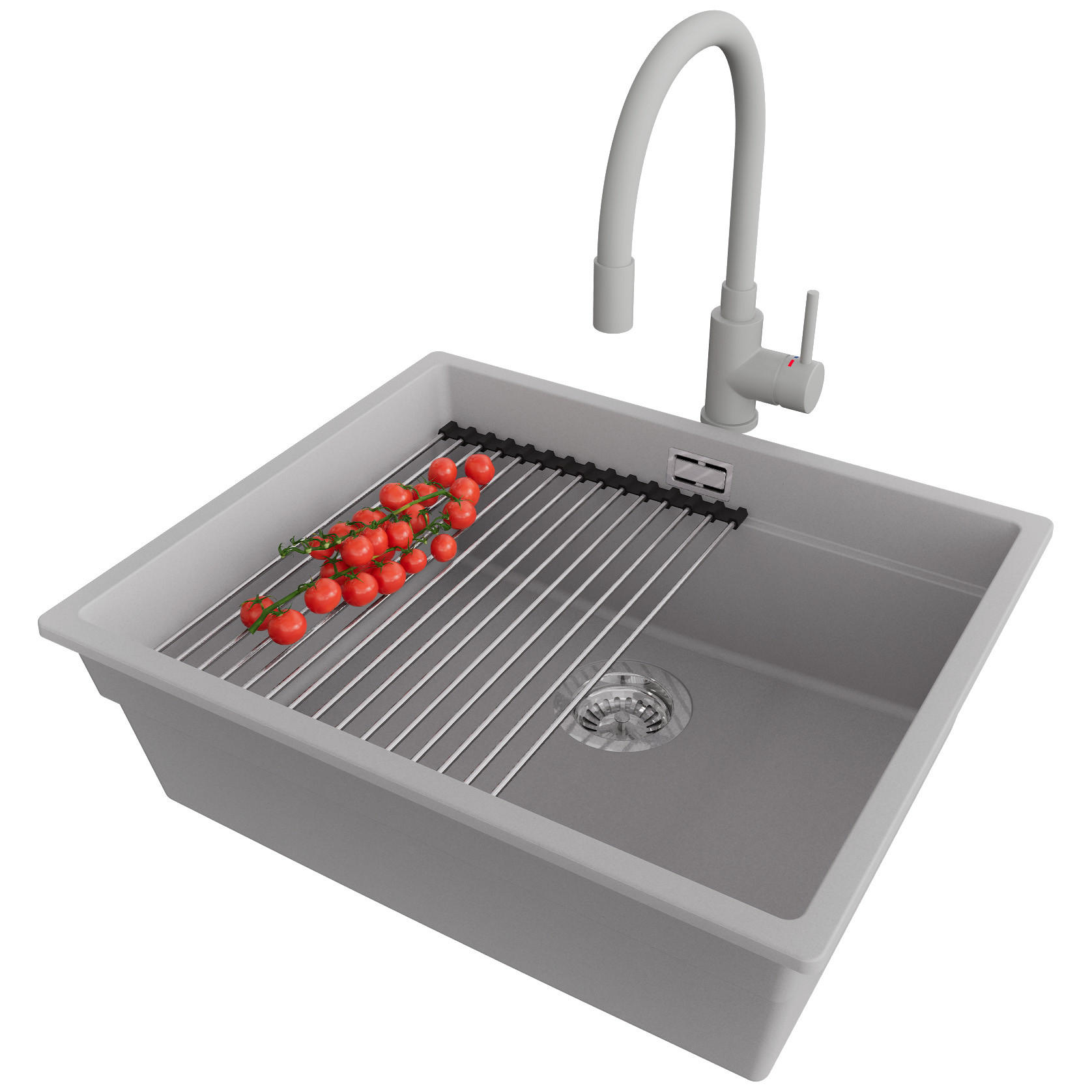 UNTERBAUSPÜLE GRANIT Praga, 2-er set Grau 56/47 cm 1 Becken + Küchenarmatur 38/14 cm + Ablauf-Set + Aufrollbare Abtropffläche ab 60er Unterschrank - Chromfarben/Grau, Kunststoff (56/20/47cm) - Primagran