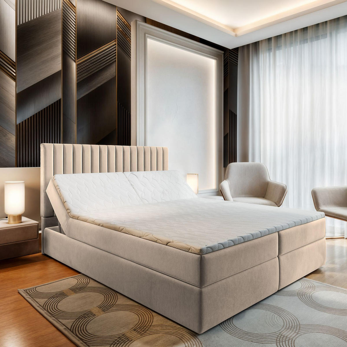 BOXBETT MURLO 140x200 cm mit Matratze und Topper - Beige - Beige, Holz (140/200cm) - MASSENO