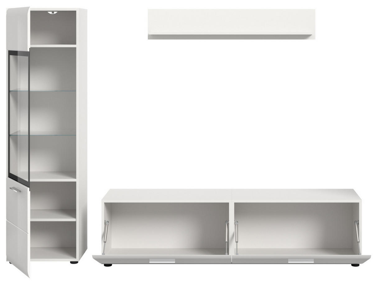 WOHNWAND weiß Hochglanz 3-teilig 220 cm, Schrankwand mit viel Stauraum - Weiß Hochglanz/Silberfarben, Glas/Holzwerkstoff (220/160/41cm) - Inn.Furn