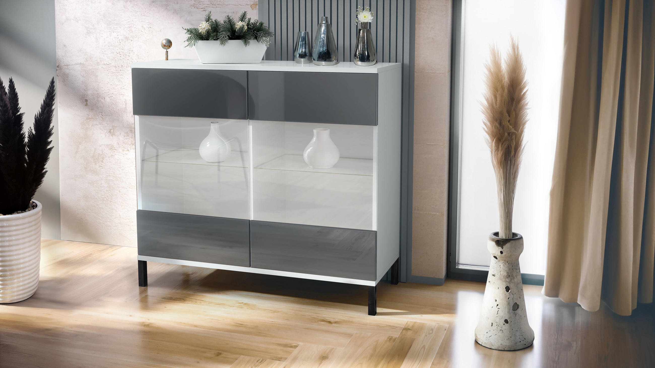 KOMMODE Bari Grau Hochglanz - Grau, Holzwerkstoff (92.5/83.5/35cm) - Vladon