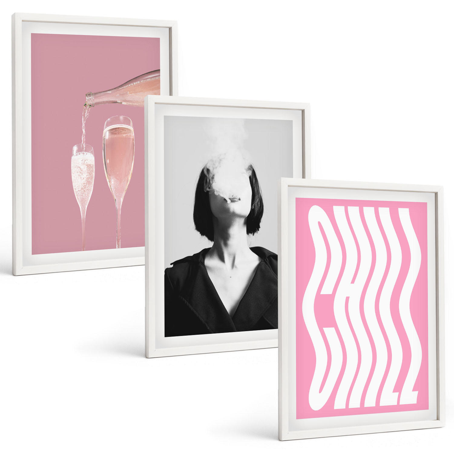 BILDER SET 3er Set - 40x60 cm Weißer Rahmen - Stilvolles Porträt, Champagner-Entspannung - Weiß, Kunststoff (40/60cm) - TULUP