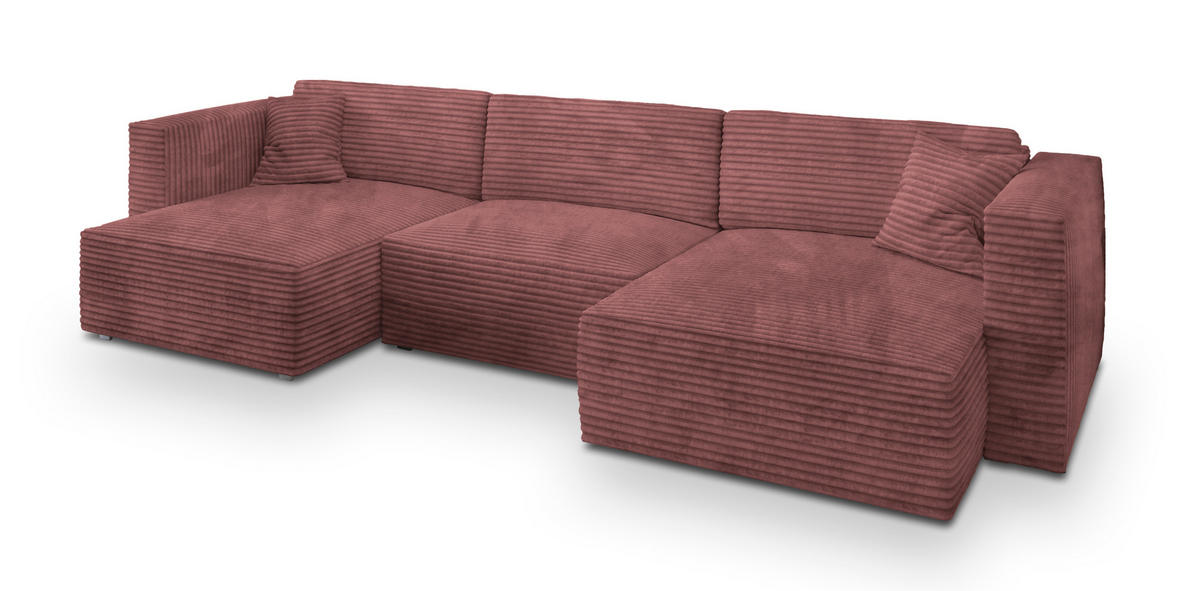 WOHNLANDSCHAFT SARMO Rosa Kordstoff mit Schlaffunktion - Rosa, Holz (347/90/148cm) - MASSENO
