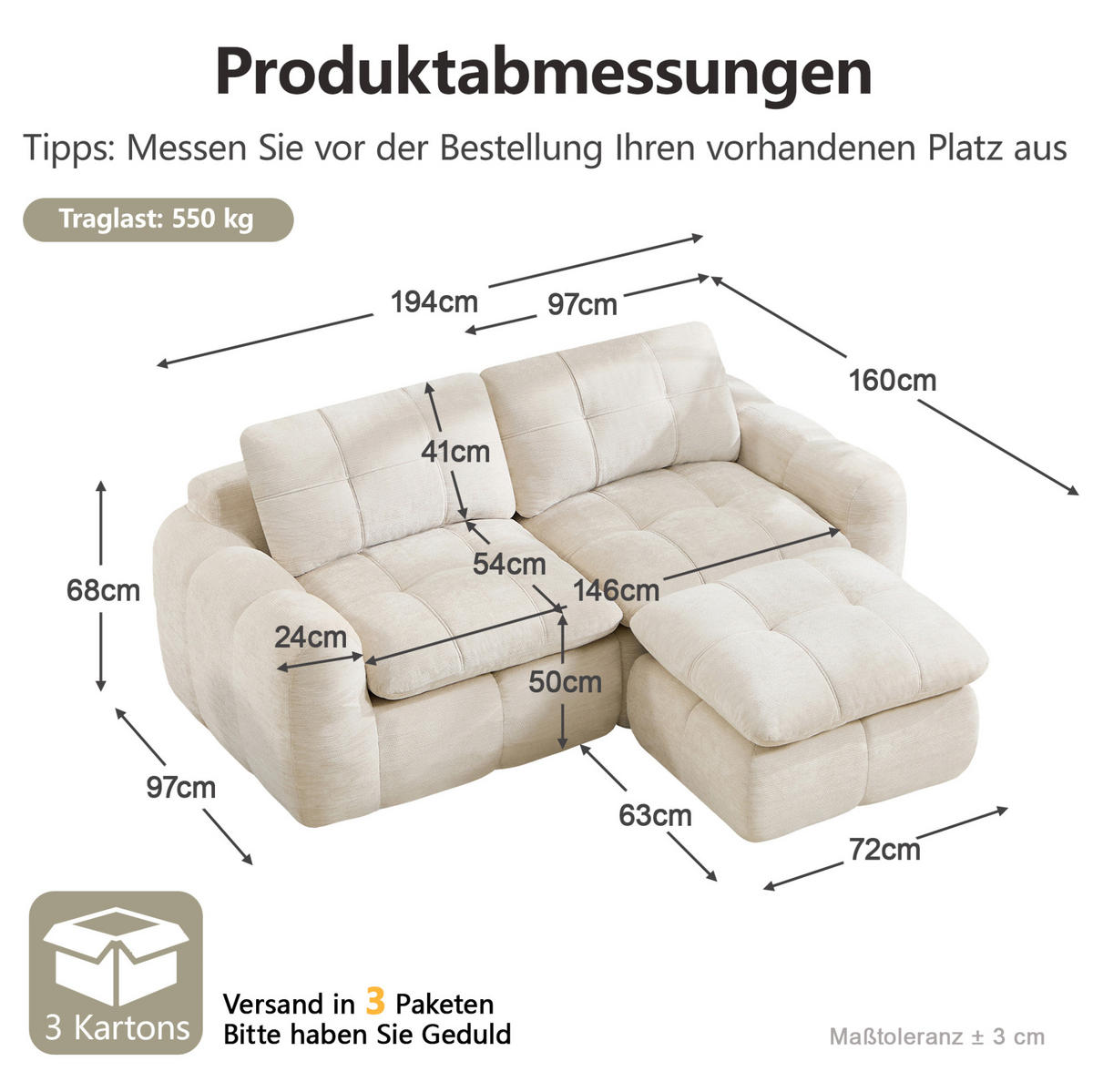 SOFA 194/160/68 cm in Beige mit Chenille-Bezug und Hocker - Beige, Textil (160/68/194cm) - Flora Grace
