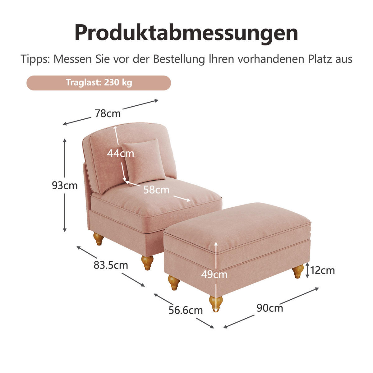 SESSEL DE-34420 mit Hocker Rosa - Pink, Holzwerkstoff (83.5/93/78cm) - ComfortXL