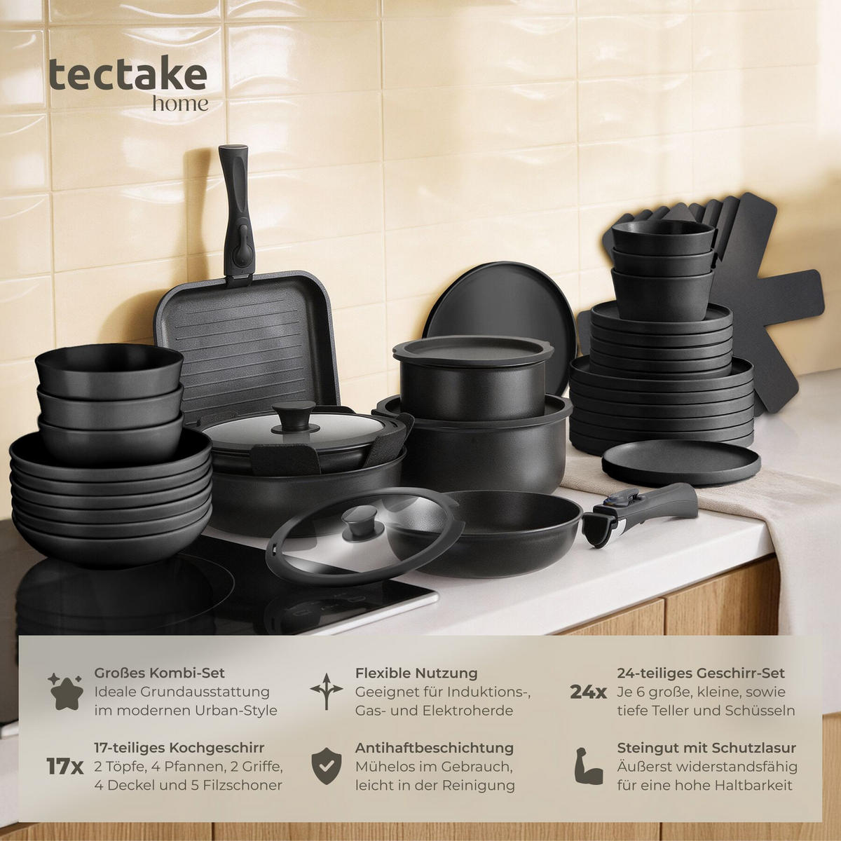 KÜCHENSTARTERSET 41er Set Una/Parma,inklusive Topfschonern und anklemmbaren Griffen,schwarz - Schwarz, Keramik - tectake