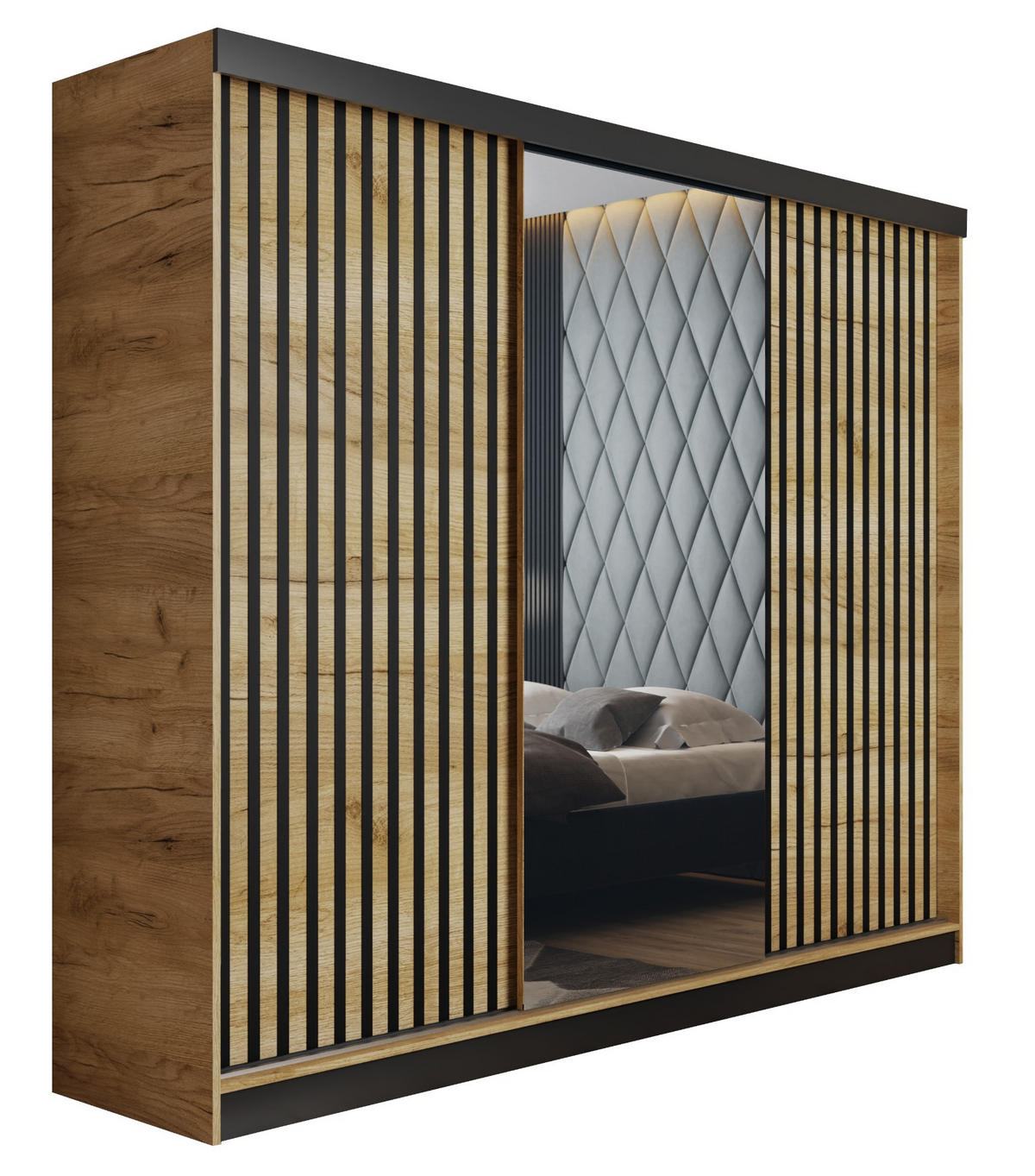 SCHIEBETÜRENSCHRANK MALANI - Craft Eiche Gold 200x205x59 cm - Honigeiche, Holzwerkstoff (200/205/59cm) - Kier Furniture