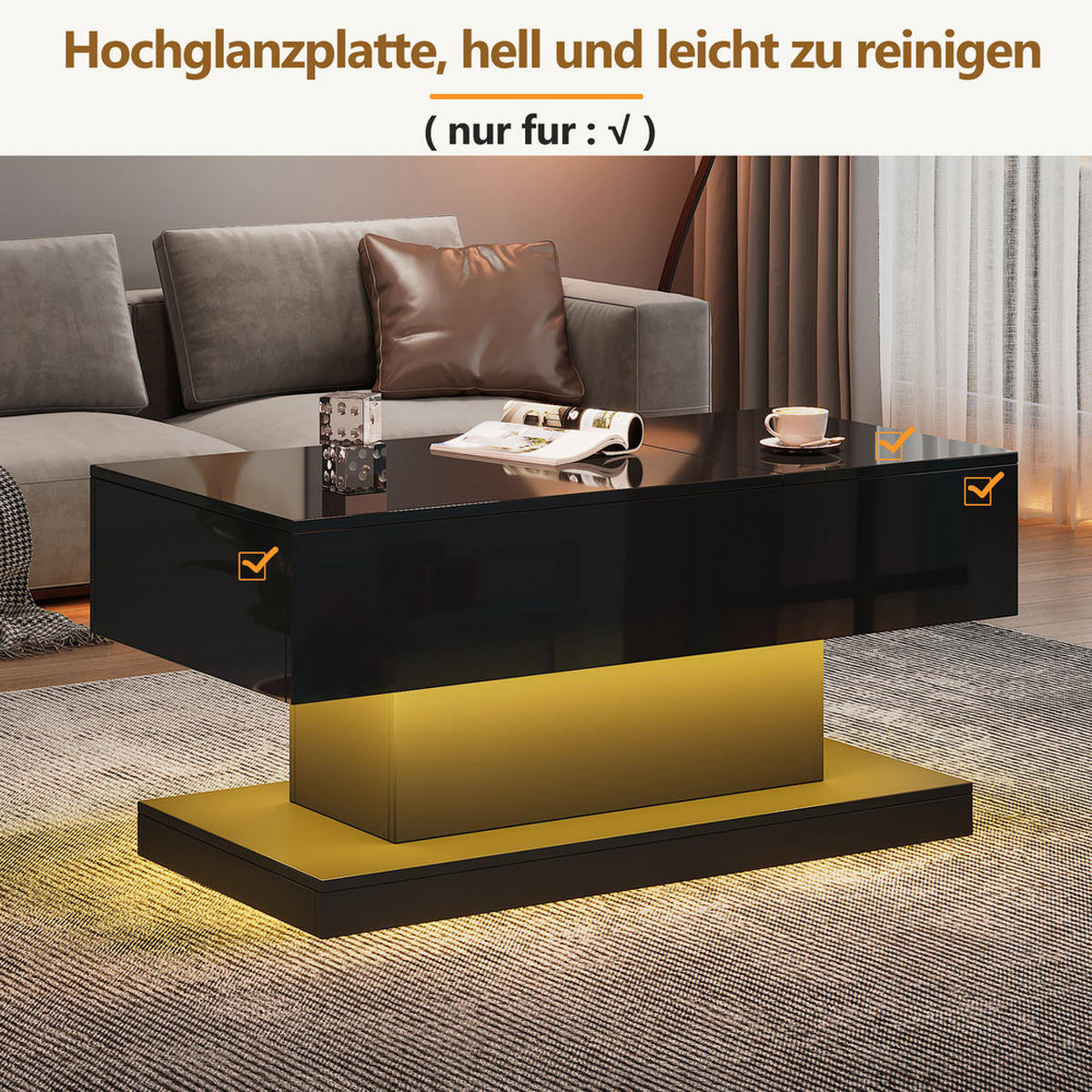 COUCHTISCH 100x50cm Schwarz Hochglanz LED Hydraulik Lift Verschiebbar - Schwarz, Holz (109.75/59.66/14.5cm) - FLIEKS