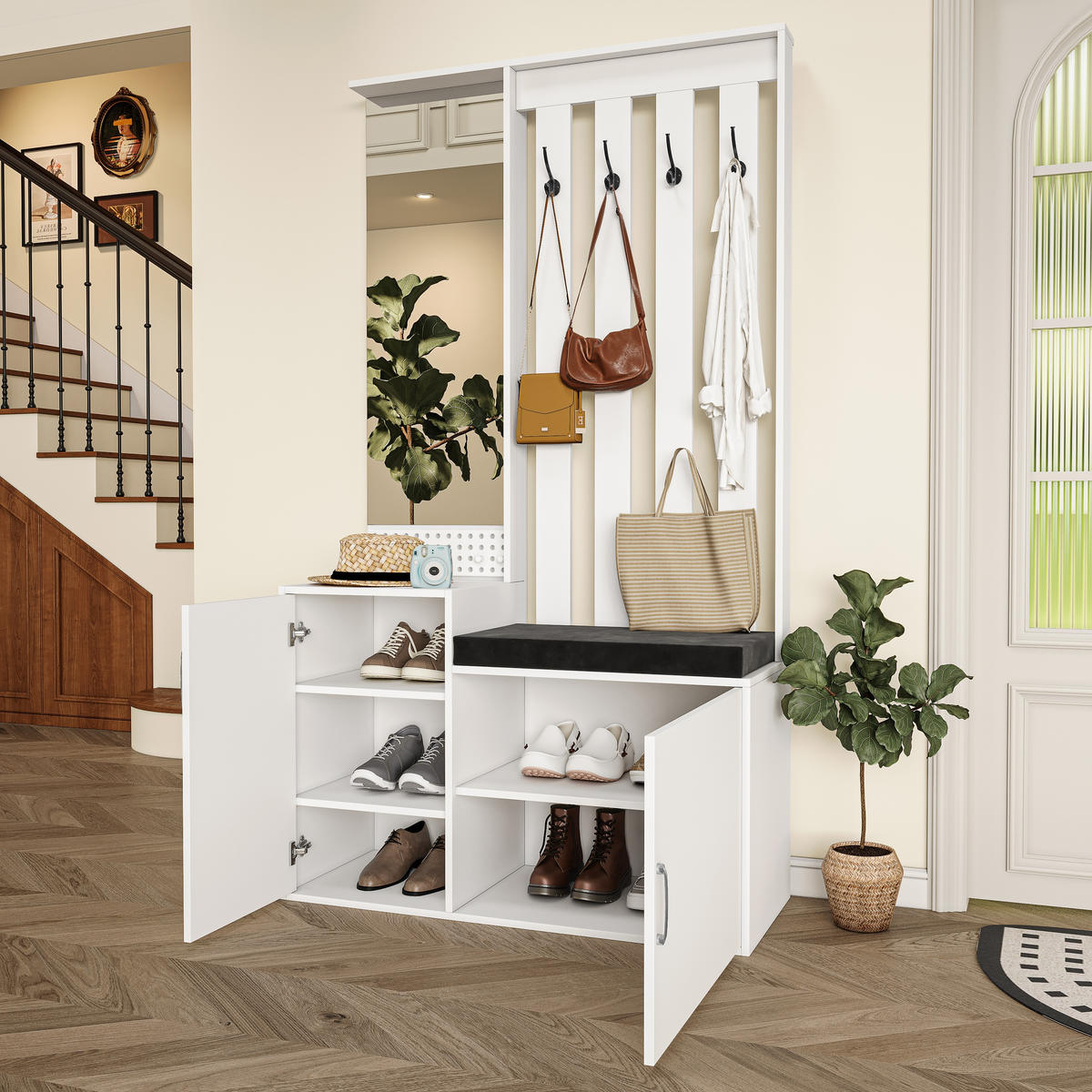 GARDEROBENSET mit Schuhbank, Wandgarderobe, Ganzkörperspiegel, Schubladen, Haken und Sitzkissen - Weiß, Holz (40/180/100cm) - PARAFTA HOME