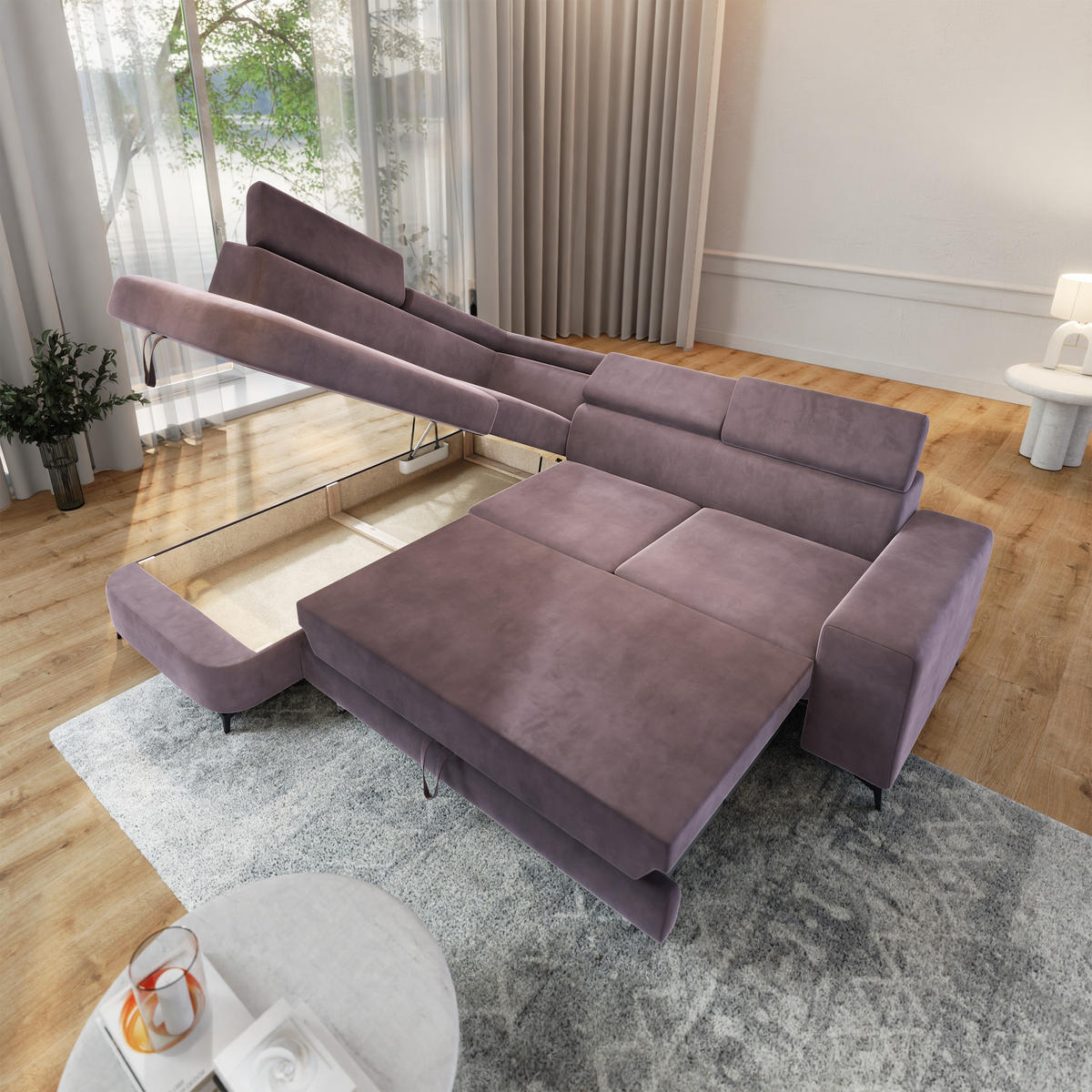 ECKSOFA ALVORO L-S Lila Velours-Stoff mit Schlaffunktion - Lila, Holz (253/190cm) - MASSENO
