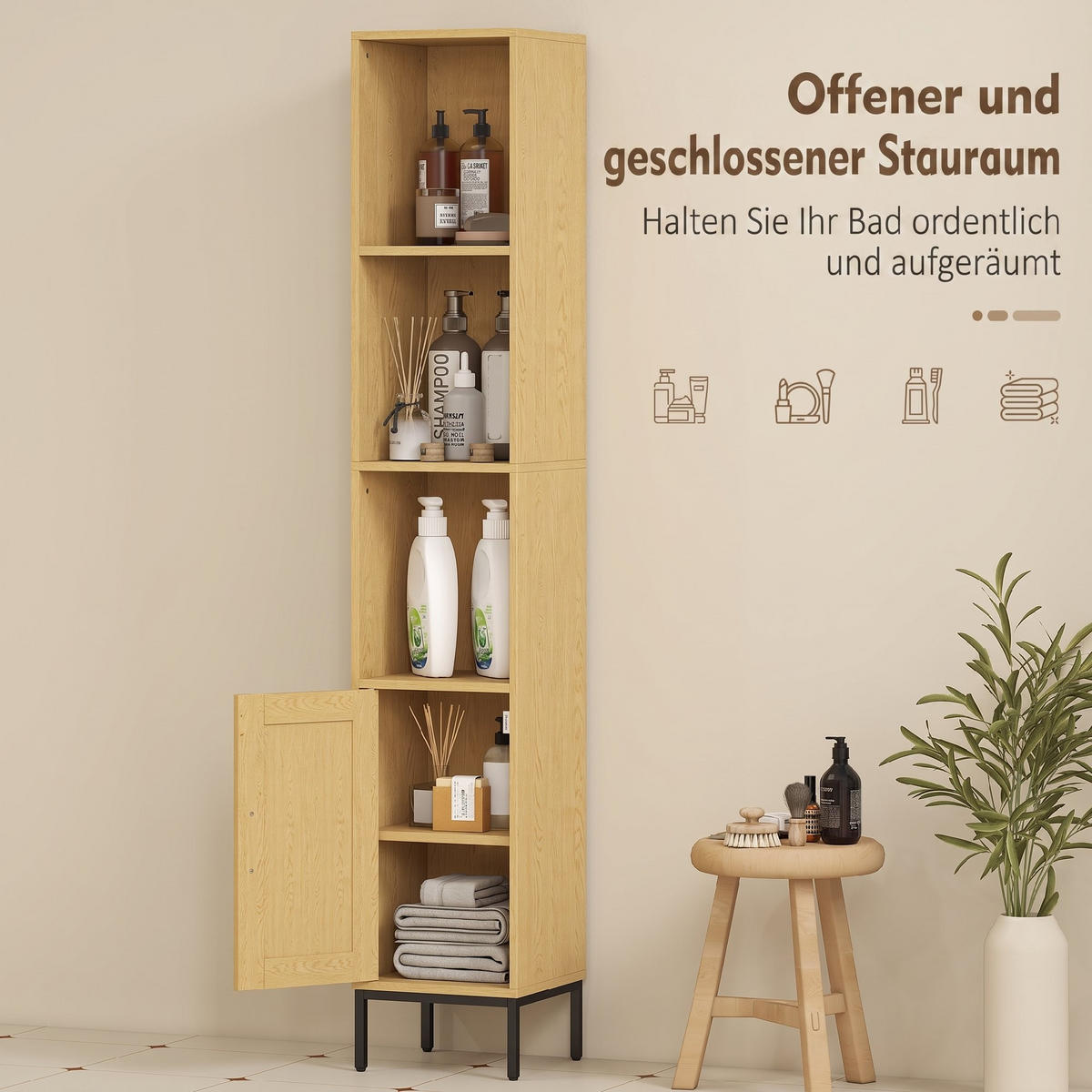 BADEZIMMERSCHRANK Spanplatte Stahl Naturholz - Schwarz/Naturfarben, Holzwerkstoff/Kunststoff (30/164/30cm) - HOMCOM