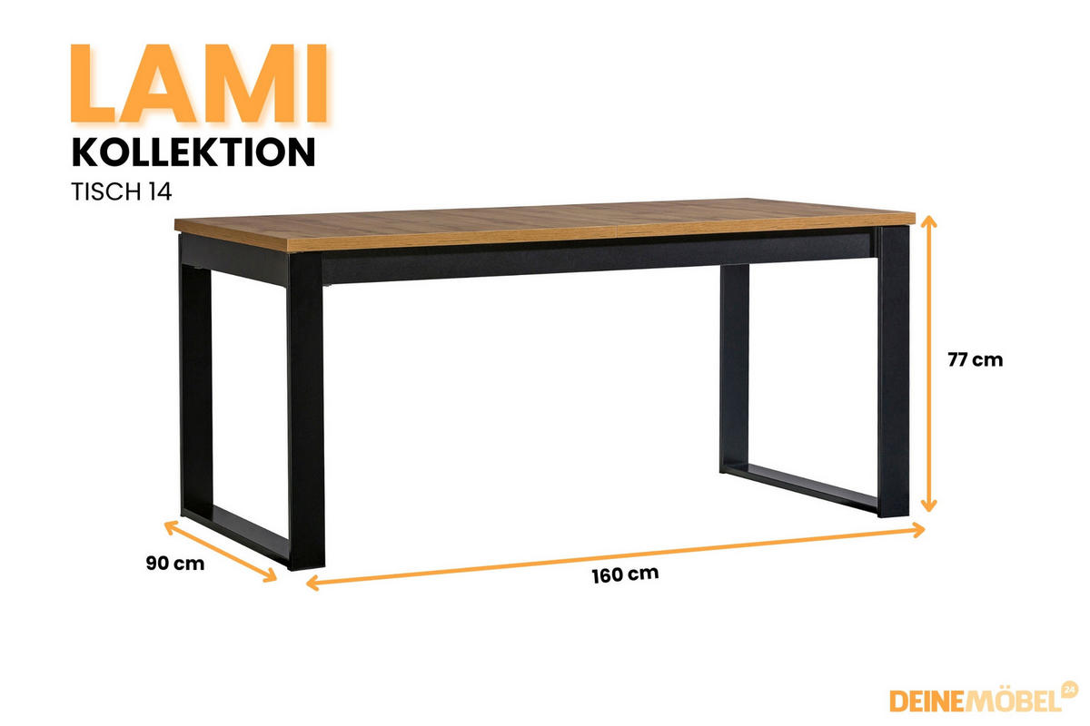 ESSTISCH LAMI 14 160-240/90/77 cm in Wotan Eiche / Schwarz Matt - Eiche Wotan/Schwarz, Holzwerkstoff (90/240/77cm) - Deine Möbel 24