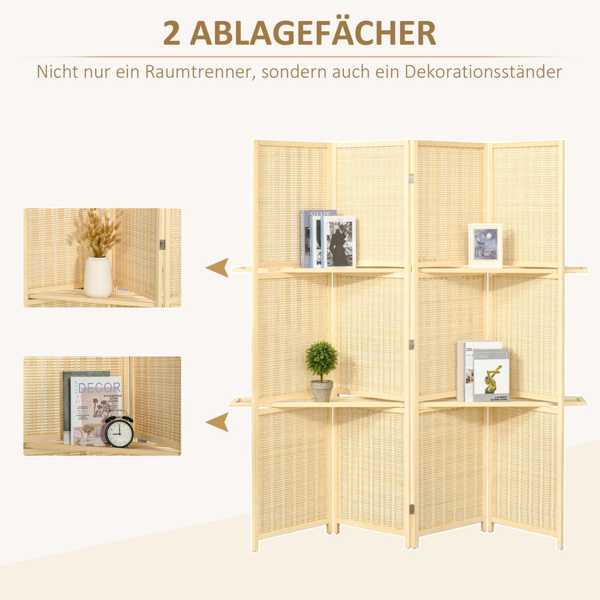 PARAVENT 4-teilig 180 x 180 cm mit Ablage Natur - Naturfarben, Holz (1.9/180/180cm) - HOMCOM
