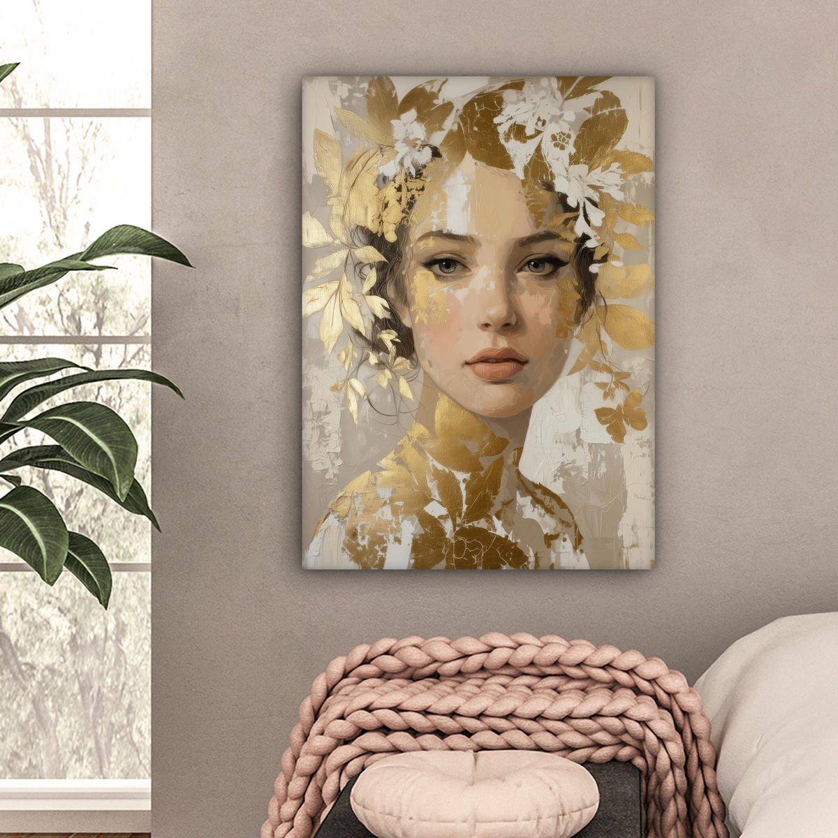 LEINWANDBILD Gesicht - Frau - Blätter - Gold Wandbild Wohnzimmer 60x80 cm - Beige, Textil (60/80cm) - MuchoWow