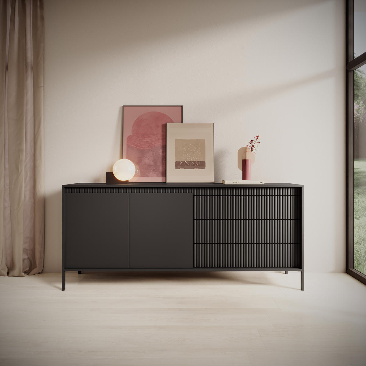 SIDEBOARD Trentinis 2T 3S Schwarz 187,1/41,4/39,5 cm – Geriffelten Fronten - Schwarz, Holzwerkstoff/Metall (187.1/41.4/39.5cm) - AX Living