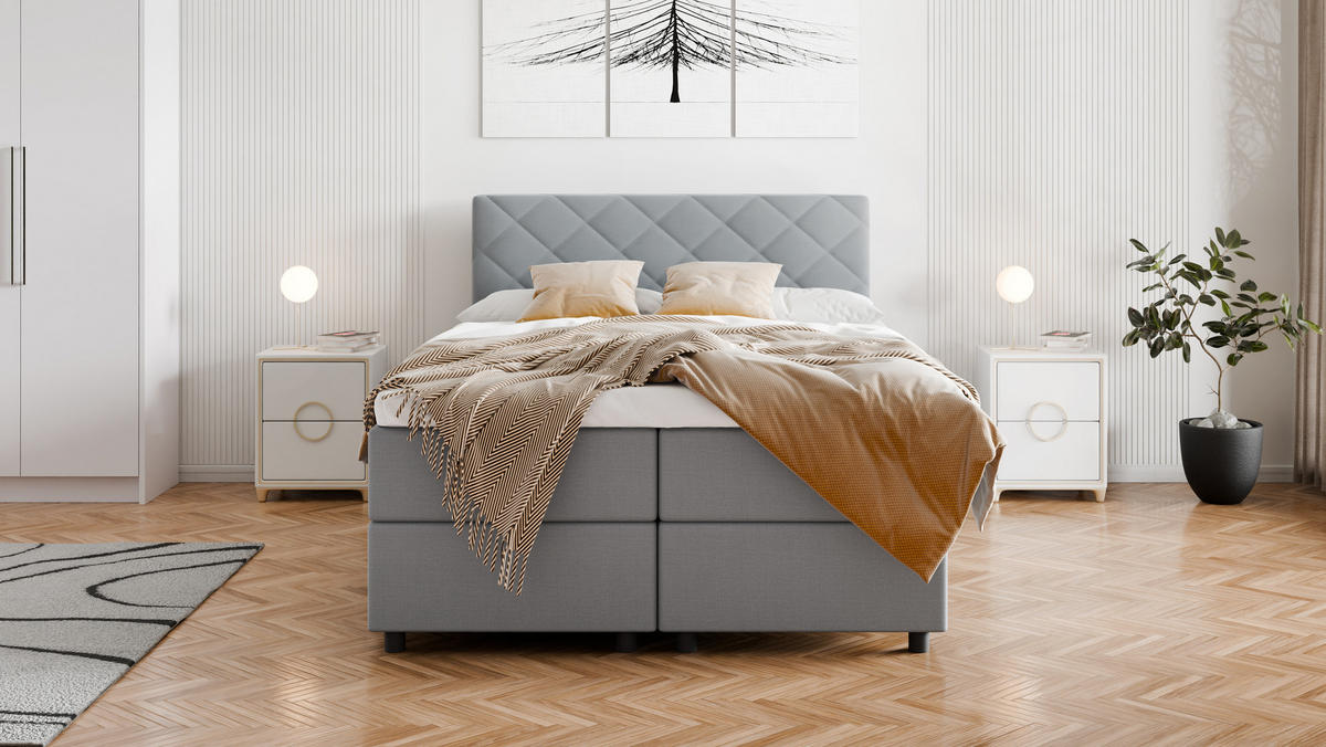 BOXBETT Diamaro 140x200 cm mit Bettkasten und Topper - Hellgrau - Hellgrau, Holz (140/200cm) - Panda Möbel