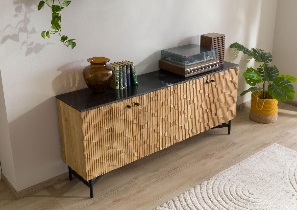 SIDEBOARD Akazie 180x40x76 natur lackiert / Marmor schwarz LONDON #101 - Braun, Holz (180/76/40cm) - Massivmoebel24
