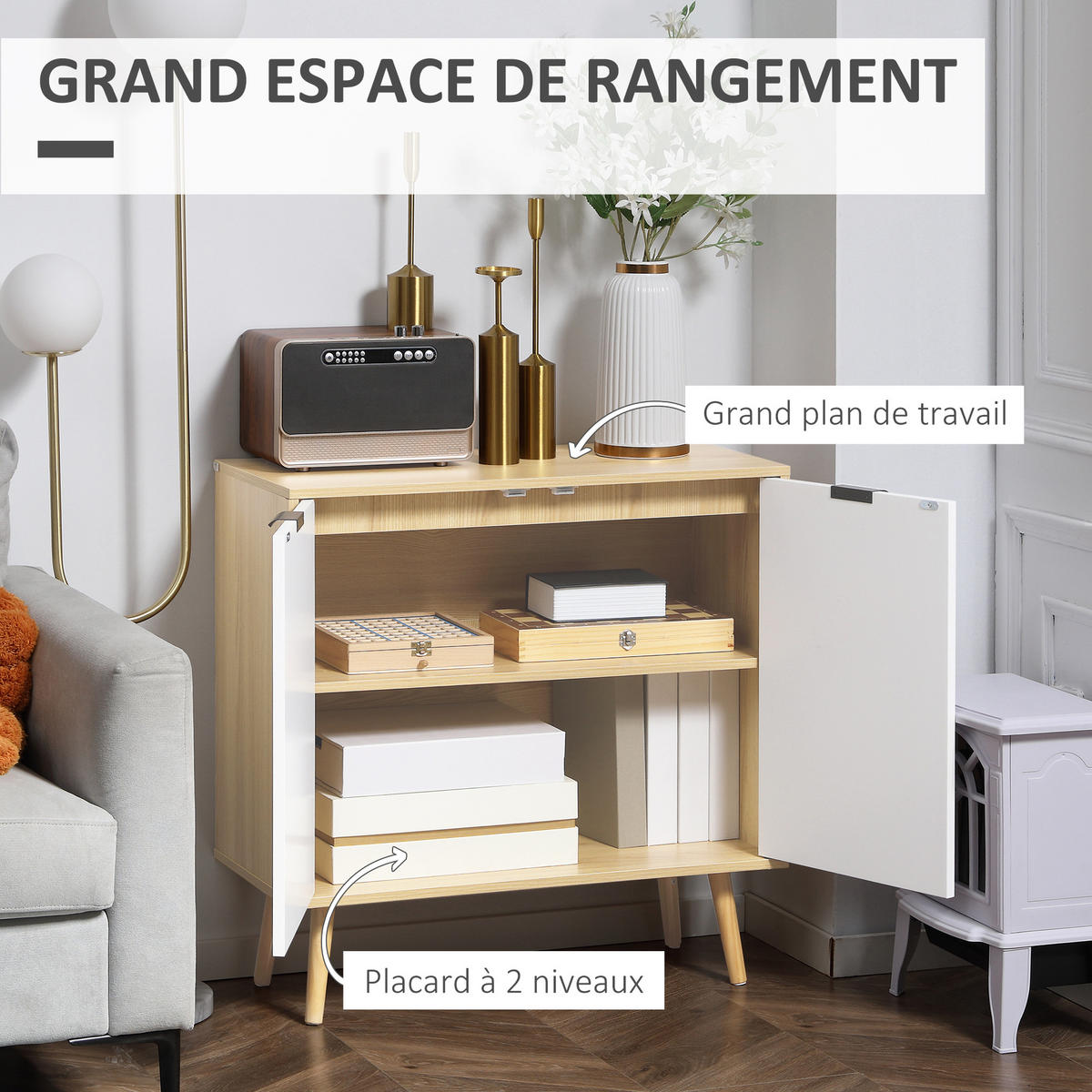 SIDEBOARD DE-11289 2 Türen Weiß/Naturholz - Weiß, Holzwerkstoff (77/77.5/35cm) - ComfortXL