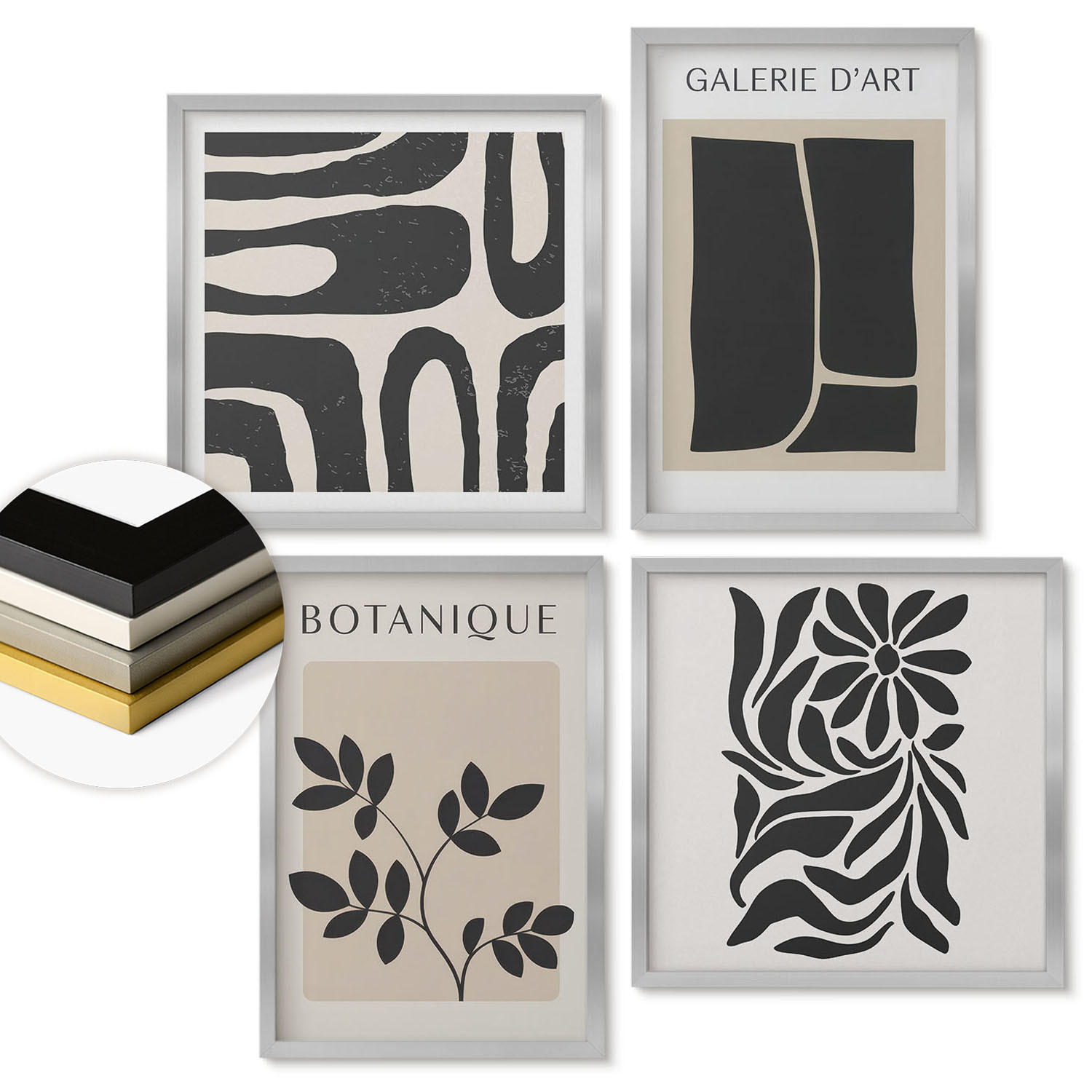WANDBILDER 4er Set - 50x50 cm & 40x60 cm Silberner Rahmen - Abstrakte Pflanzenmuster - Silberfarben, Kunststoff (50/50cm) - ArtPrintCave