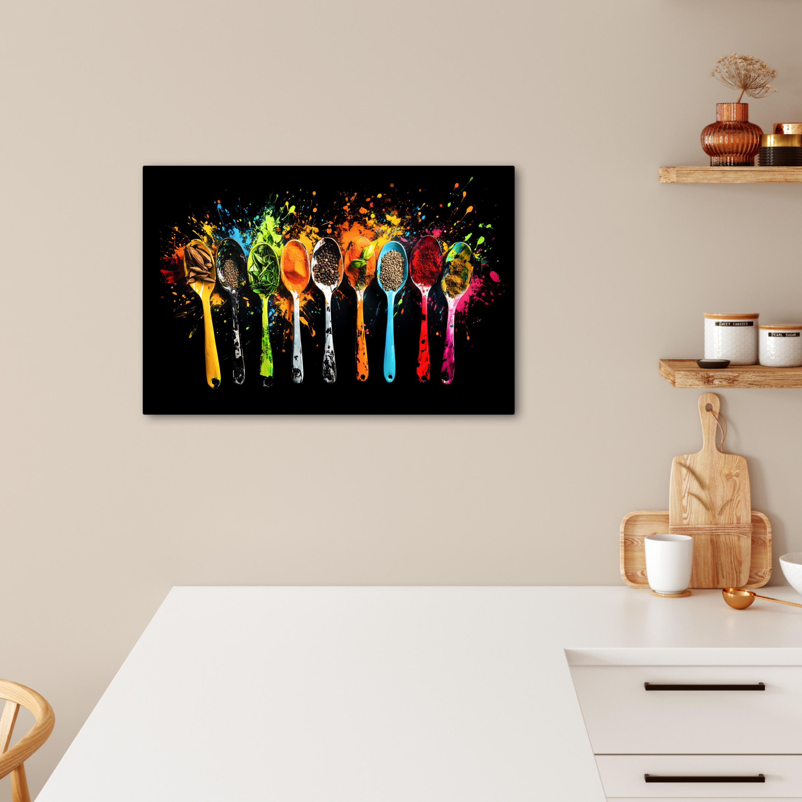 LEINWANDBILD Löffel - Gewürze - Modern - Graffiti - Farbe - Farbenfroh Gemälde 60x40 cm - Multicolor, Textil (60/40cm) - MuchoWow