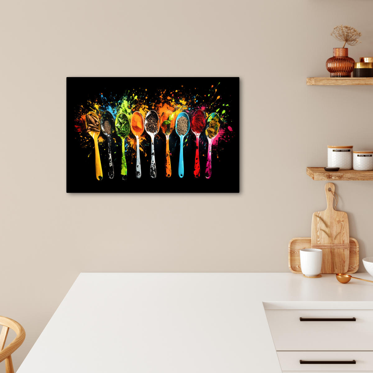 LEINWANDBILD Löffel - Gewürze - Modern - Graffiti - Farbe - Farbenfroh Gemälde 60x40 cm - Multicolor, Textil (60/40cm) - MuchoWow