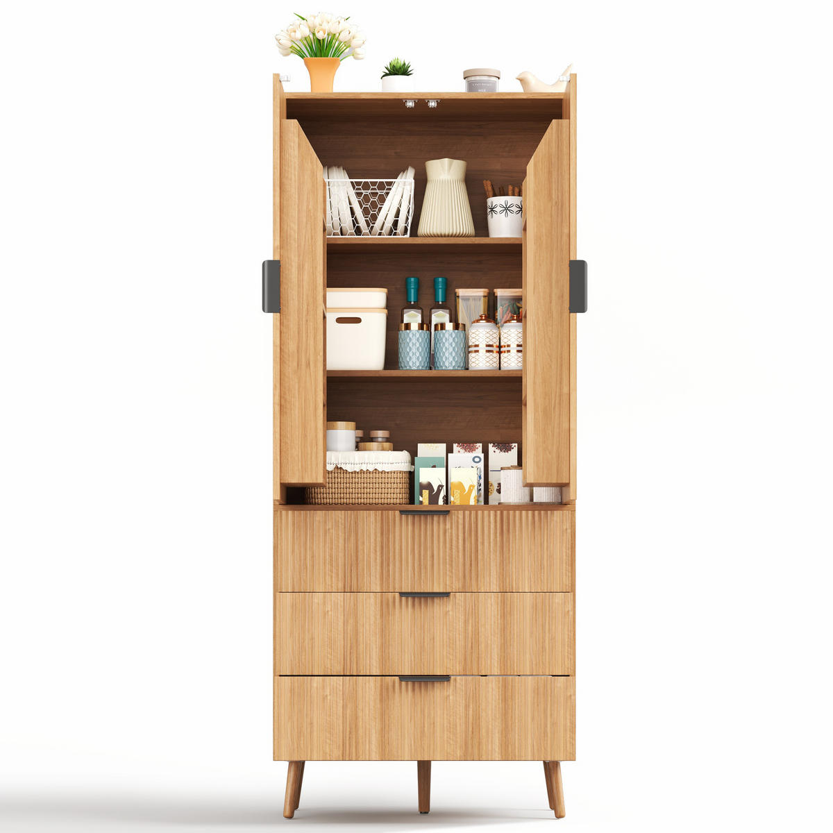 HIGHBOARD DE-38756 75/35/180 cm 2 Türen und 3 Schubladen Natur - Naturfarben, Holzwerkstoff (75/180/35cm) - ComfortXL