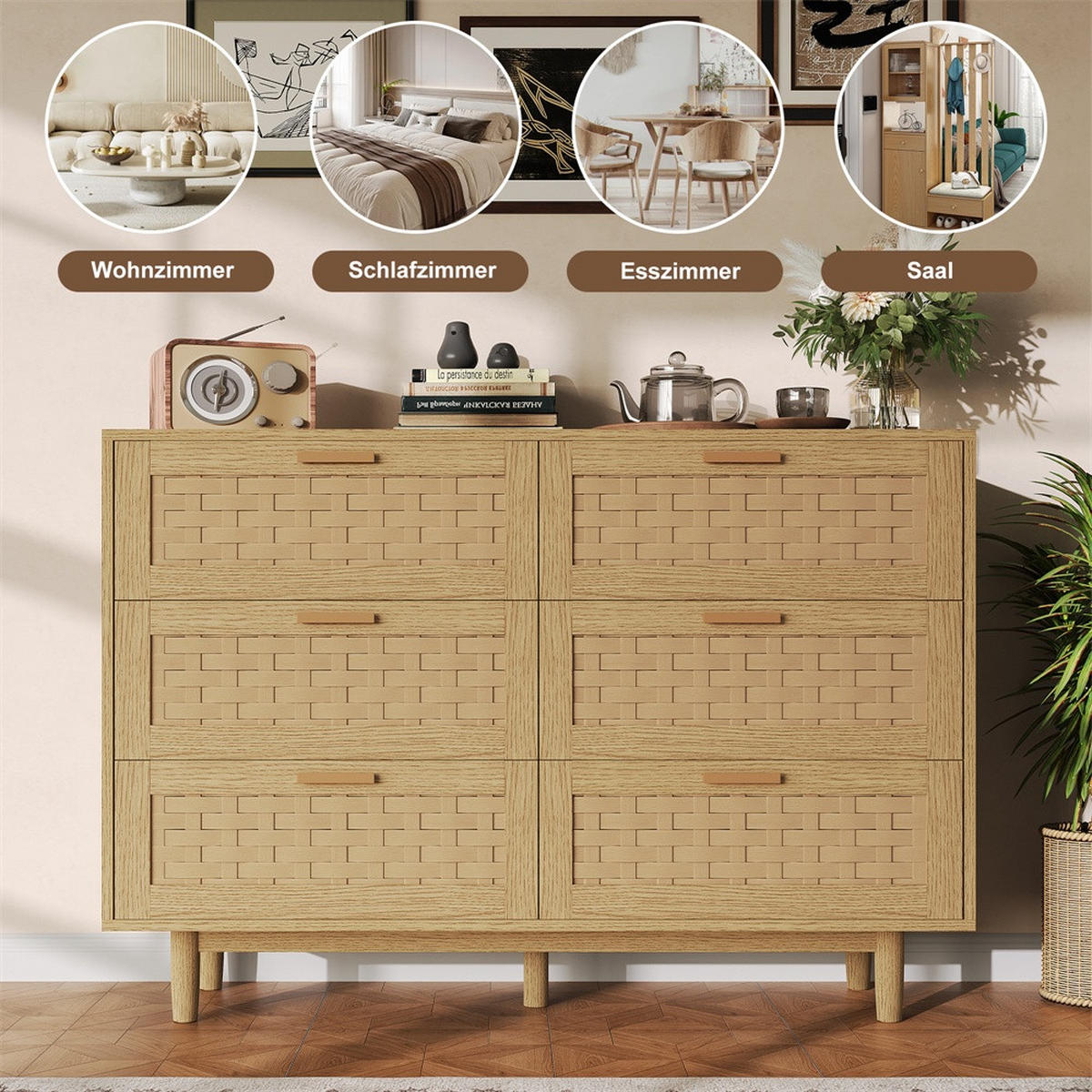 KOMMODE mit 6 Schubladen - natürliche Geflecht-Optik und runde Holzbeine - Eiche-Optik - Eichefarben, Holzwerkstoff (115/80/40cm) - DELFA