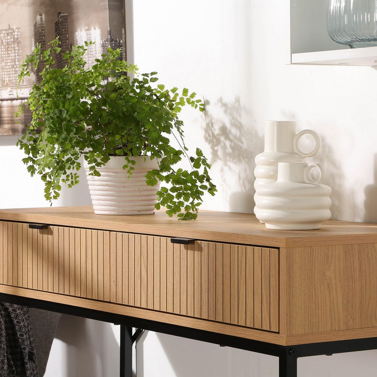 KONSOLE 2 Schubladen Front Effekt Holz mit Rillen - L100 x H80 cm - Apfelbaumfarben, Holzwerkstoff (100/35/80cm) - Calicosy