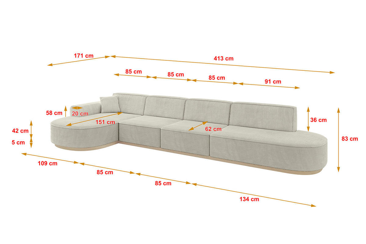 ECKSOFA Ottomane Links MARI-L3-v1 - 413x171x83 cm Hellgrau Cord - Hellgrau, Holzwerkstoff/Textil (413/171cm) - ALTDECOR