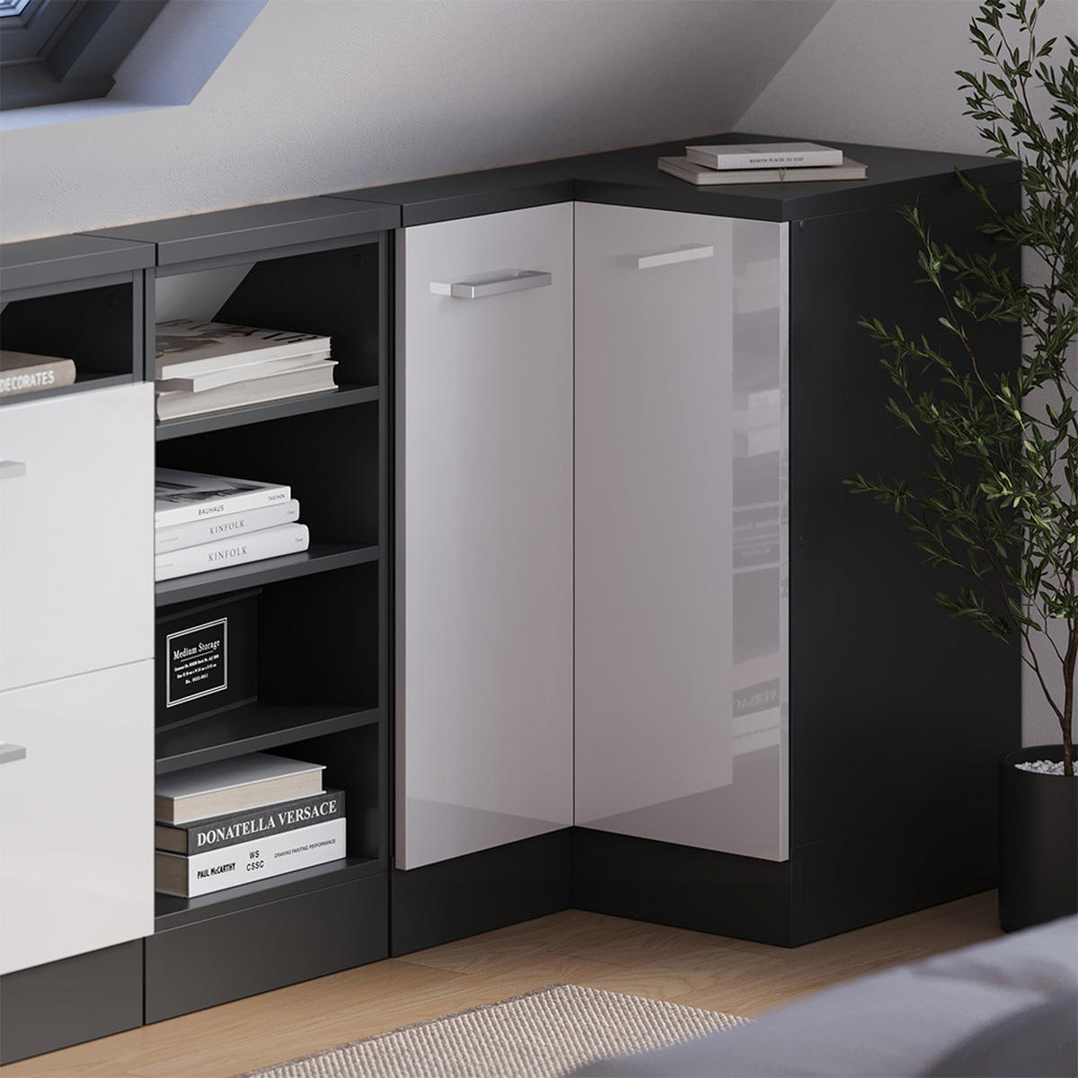 DACHSCHRÄGENSCHRANK ECKSCHRANK Rion Weiß Hochglanz/Anthrazit 75.6 x 81.6 cm mit 1 Tür - Weiß Hochglanz/Anthrazit, Holzwerkstoff (75.6/81.6/75.6cm) - Vicco