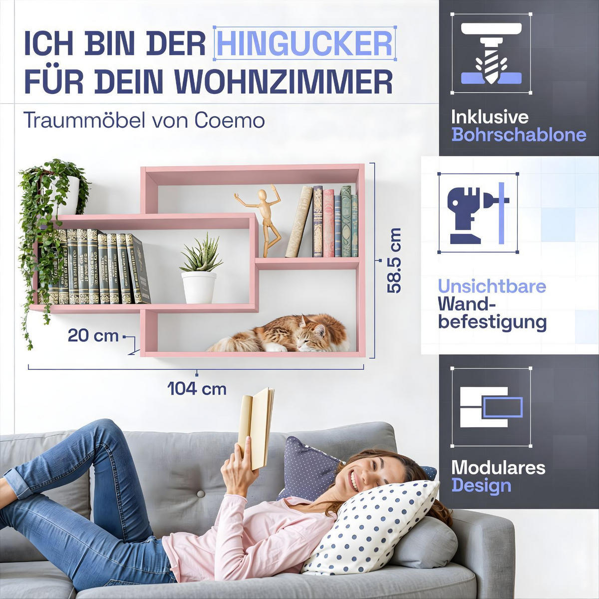 SCHWEBEREGAL KARO Rosa - Rosa, Holzwerkstoff (20/59/104cm) - Mein-Regal