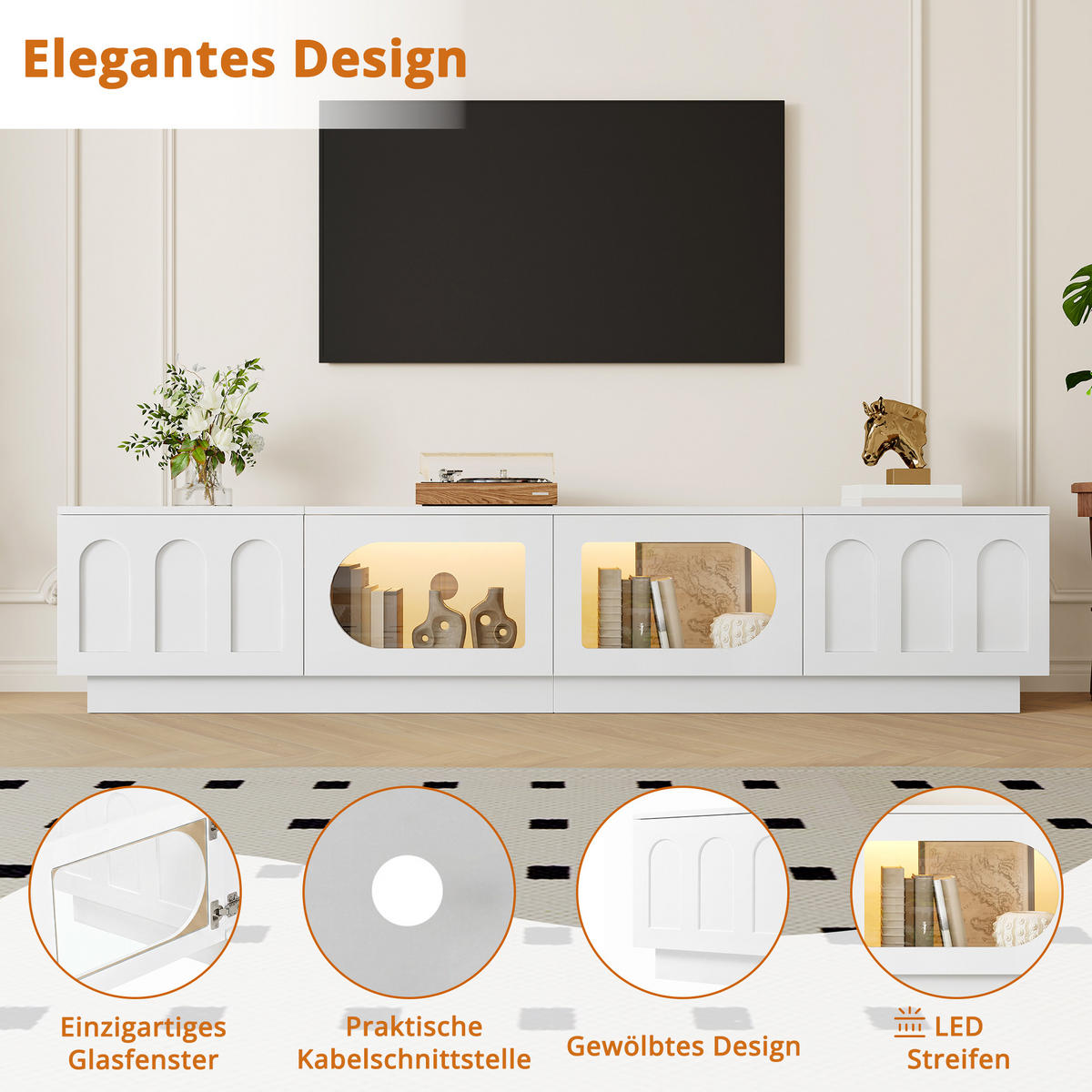 TV-LOWBOARD mit LED, APP-Steuerung, Glastür und Bogentür - Weiß, Holzwerkstoff (200/42/40cm) - FLIEKS