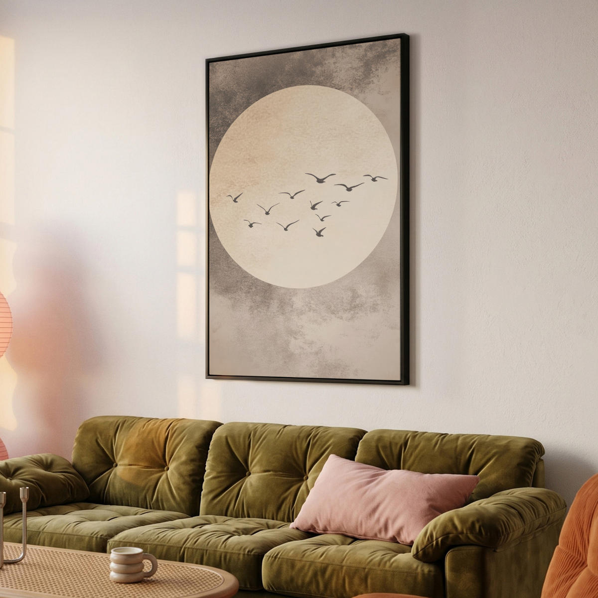 LEINWAND Bilder mit Rahmen - Vogel - Beige - Japanisch - 90x140 - Taupe, Textil (90/140cm) - MuchoWow