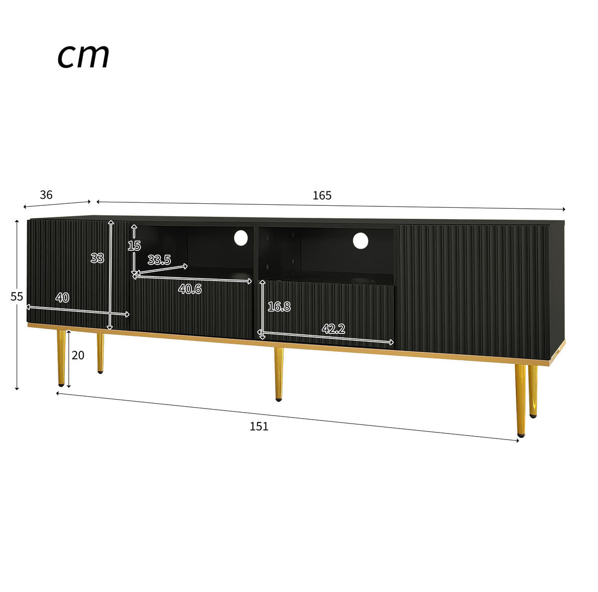 TV-SCHRANK 165/36/55 cm schwarz Akazie mit goldenen Füßen und grifflosen Türen - Schwarz, Holzwerkstoff (165/55/36cm) - OKWISH
