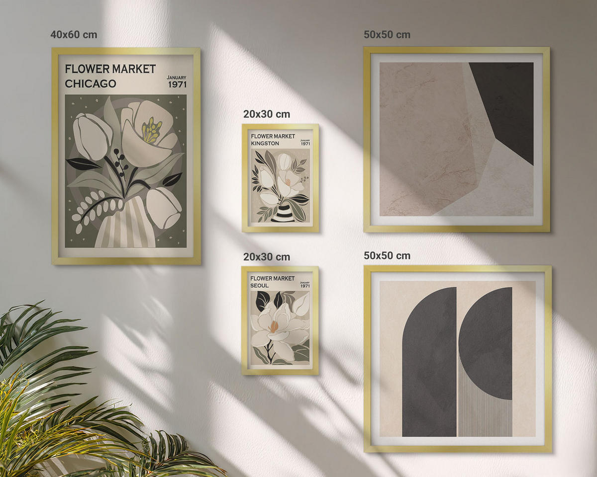 BILDER SET 5er Set - 50x50 cm & 20x30 cm & 40x60 cm Goldrahmen - Kingston Seoul Retro-Blumen - Goldfarben, Kunststoff (40/60cm) - TULUP