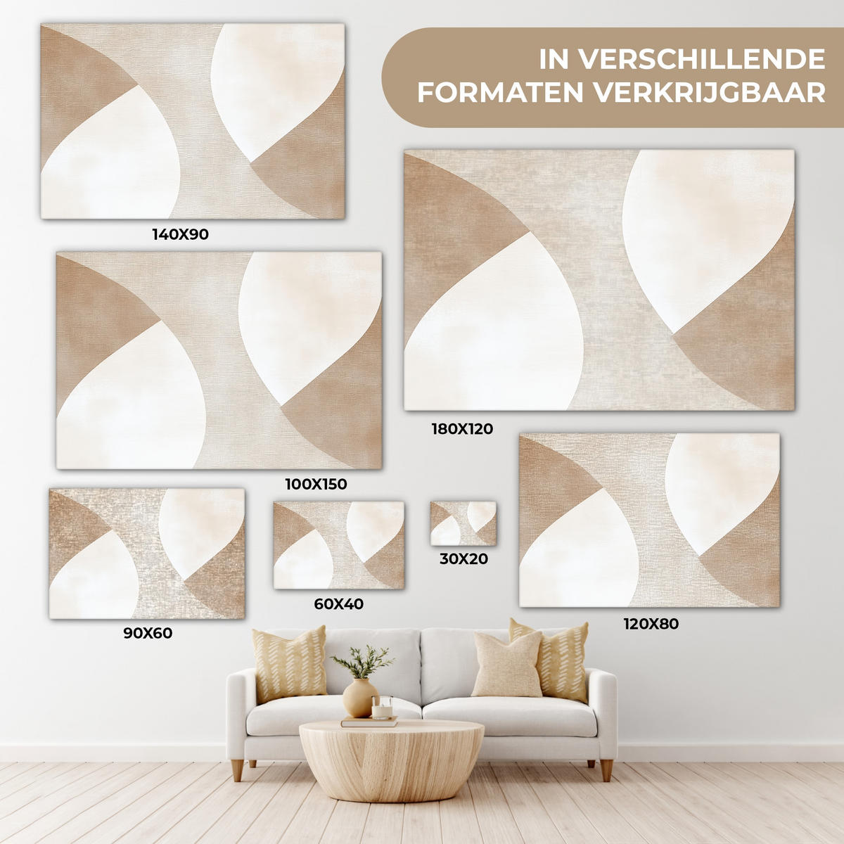 LEINWANDBILD Braun - Japandi - Abstrakt Wohnzimmer Groß 120x80 cm - Beige, Textil (120/80cm) - MuchoWow