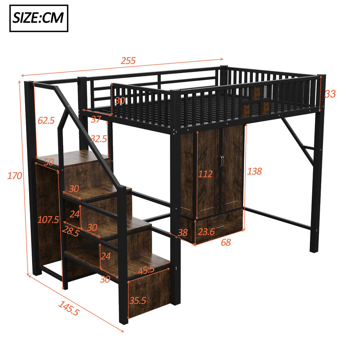 HOCHBETT 140/200 cm, Schwarz mit Kleiderschrank und Stauraum - Schwarz, Metall (140/200cm) - MIVRAY