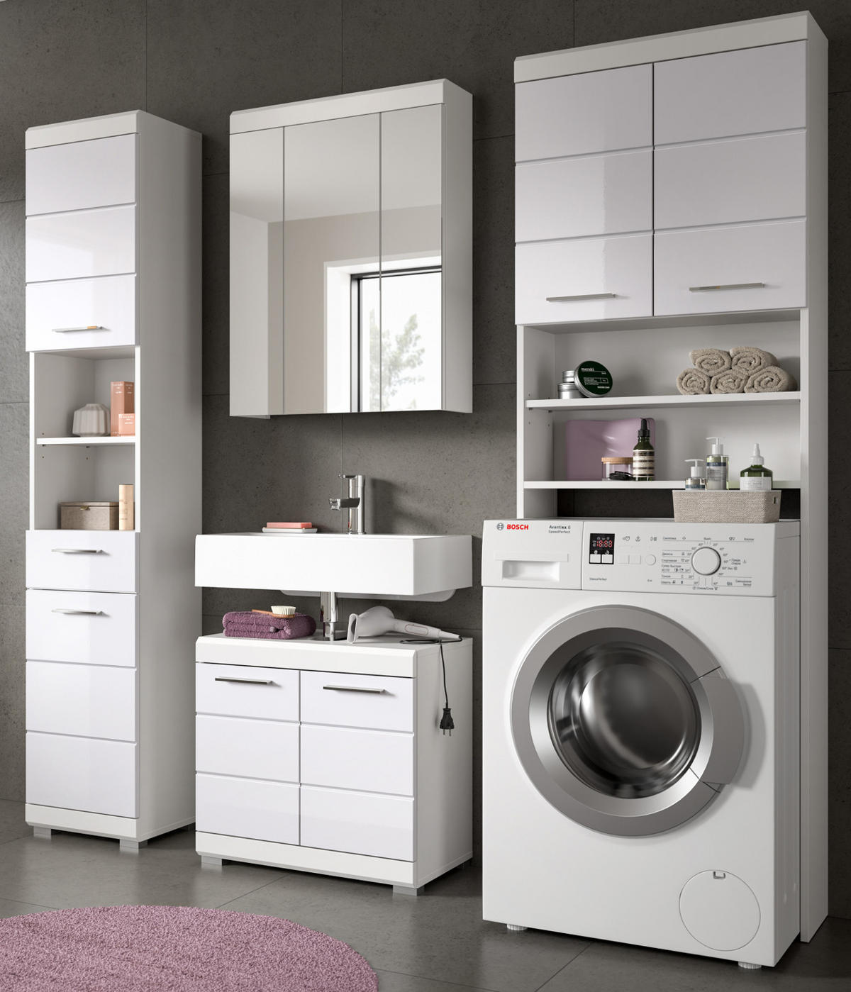 BADMÖBEL-SET weiß Hochglanz 4-teilig 190 cm, Komplettset mit viel Stauraum - Weiß Hochglanz, Glas/Holzwerkstoff (190/191/34cm) - Inn.Furn