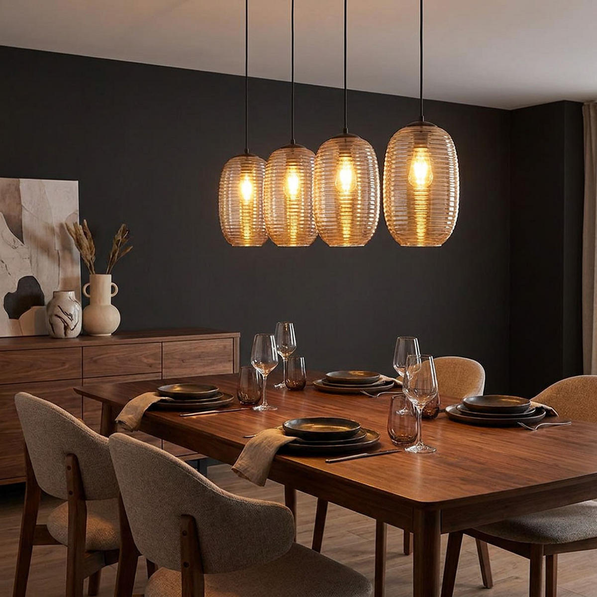 PENDELLEUCHTE Metall Schwarz, Glas Amber, 4-flammig - Orange, Glas (110/20/120cm) - Globo Lighting