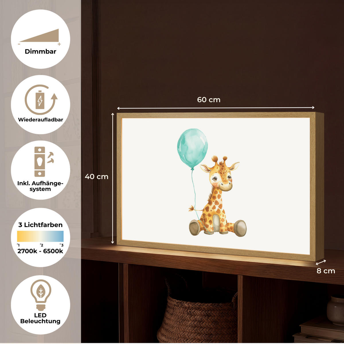 NACHTTISCHLAMPE MIT AKKU Giraffe - Baby - Tiere - Blauer Ballon 60x40 cm - Weiß, Holzwerkstoff (8/60/40cm) - OnlyWow