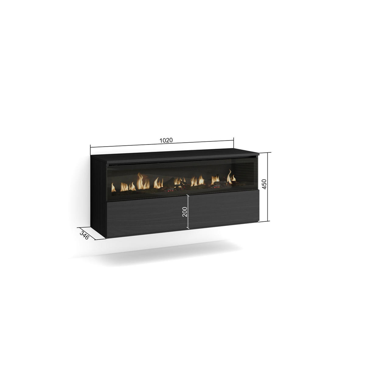 ELEKTROKAMIN LED, Hängend, schwarz, 102/35/45cm - Schwarz, Holzwerkstoff (102/45/35cm) - Skraut Home