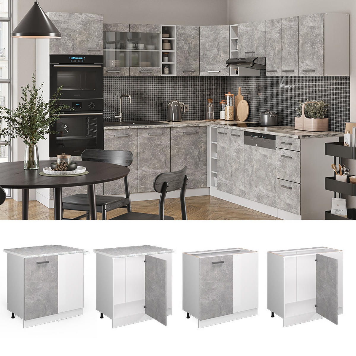 ECKUNTERSCHRANK R-Line Beton 86 cm, AP Eiche - Schieferfarben/Weiß, Holzwerkstoff (86/81.6/60cm) - Vicco